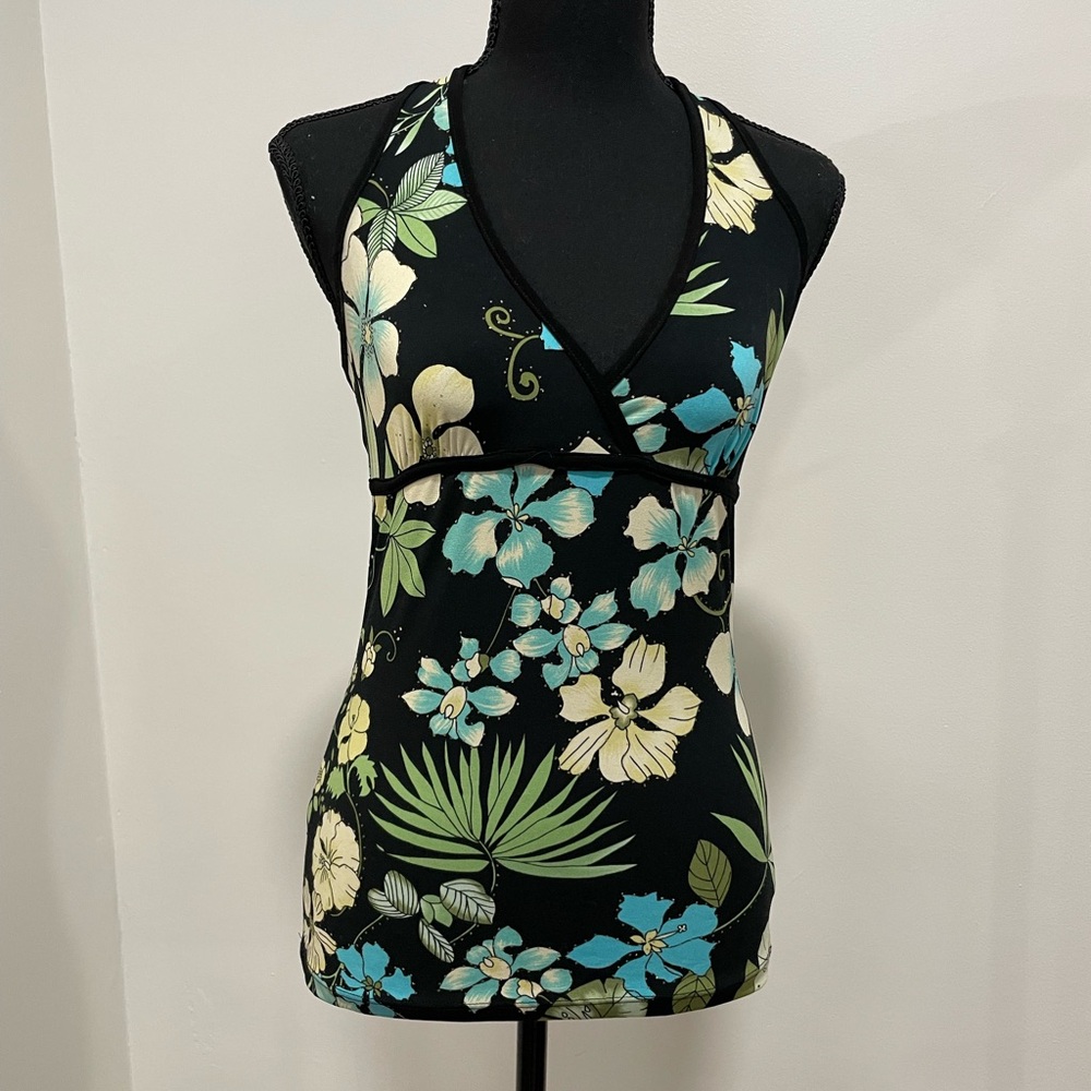 Floral Halter Top with Tropical Print black/ blue /yellow gold sparkles medium